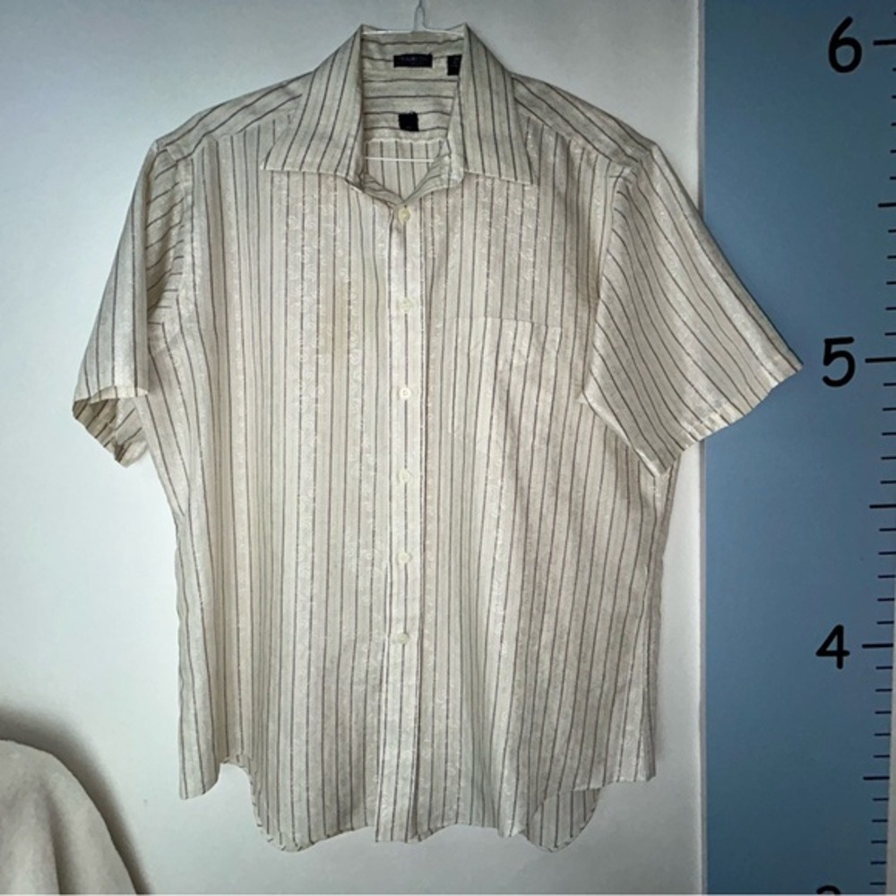 Travalon Beige Cream Paisley & Red Blue Stripes Men's Short Sleeve Shirt 17‎